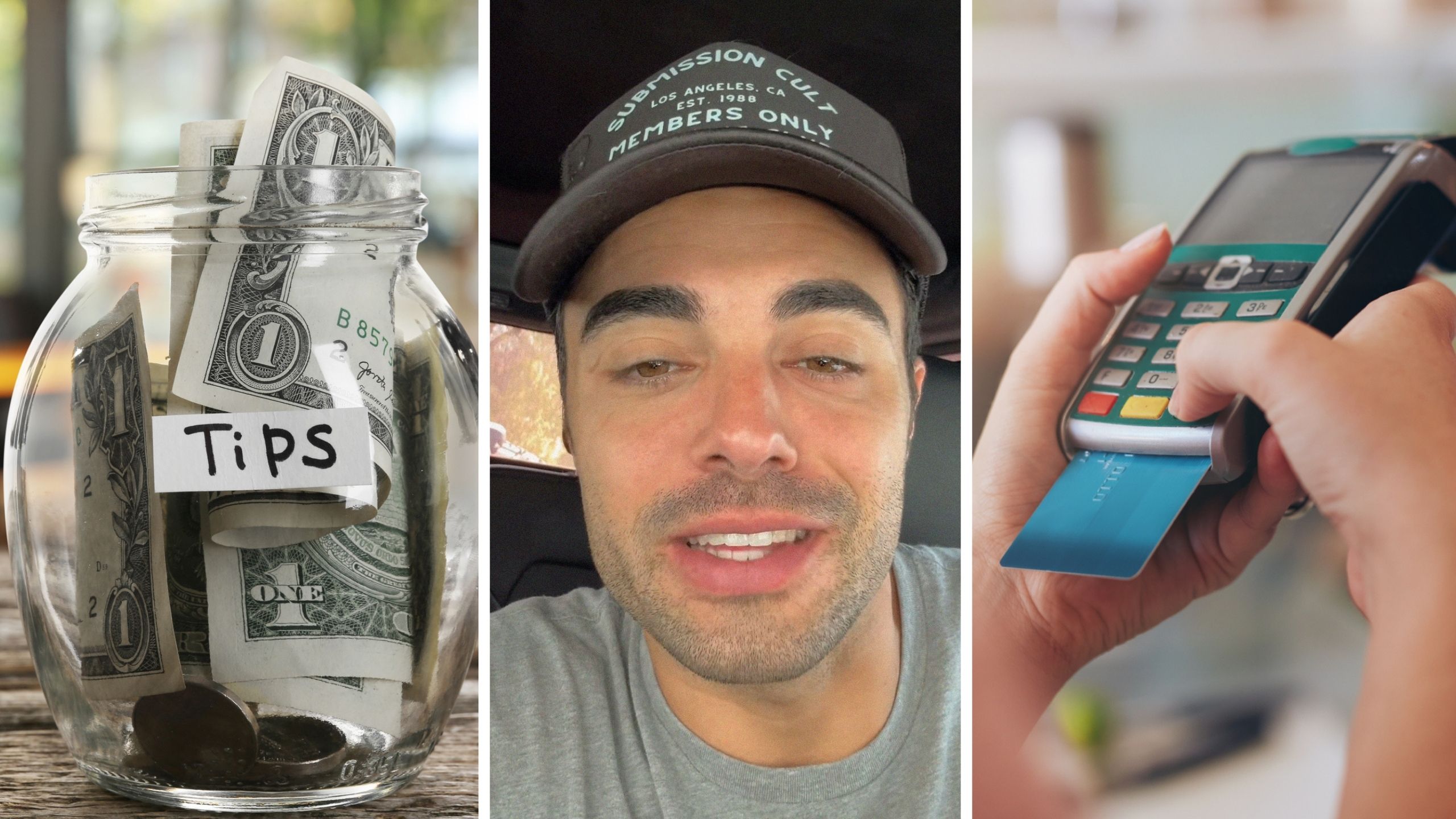 tipping jar (l) man shares tipping culture observation (c) paying for bill (r)