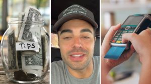 tipping jar (l) man shares tipping culture observation (c) paying for bill (r)
