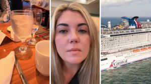 pouring water into glass (l) woman shares cruise tip (c) carnival cruise (r)