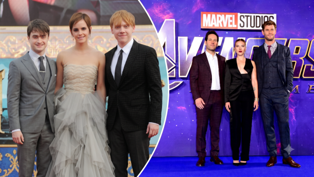 On the left side of the collage, Daniel Radcliffe stands next to Emma Watson and Rupert Grint on the red carpet for Harry Potter and the Deathly Hallows Part 2. On the right side of the collage, Paul Rudd stands with Scarlett Johansson and Chris Hemsworth at the debut of Avengers: Endgame