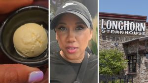 scoop of butter (l) woman shares longhorn steakhouse observation (c) Longhorn steakhouse entrance (r)