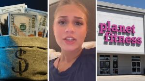 bag of owed money (l) woman shares planet fitness experience (c) Planet fitness entrance (r)