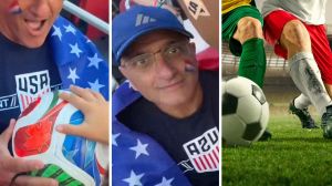 World cup ball (l) man shares world cup experience (c) fifa world cup game (r)
