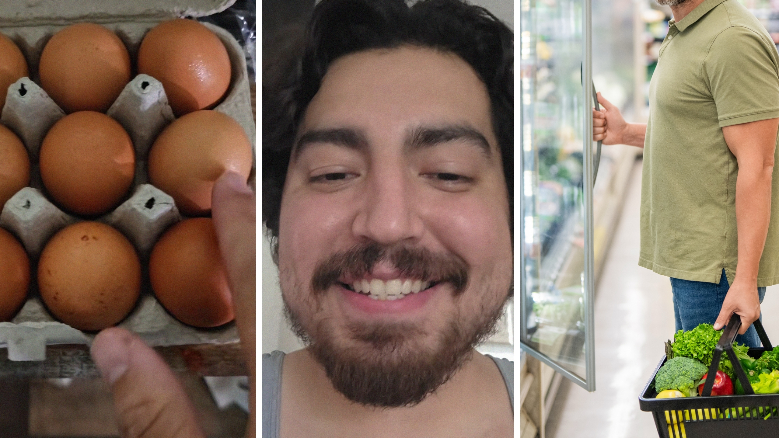 tray of eggs (l) man shares egg purchase surprise (c) man at the grocery store (r)