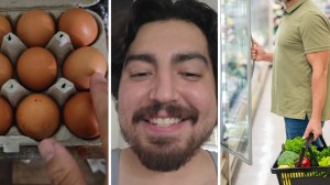 tray of eggs (l) man shares egg purchase surprise (c) man at the grocery store (r)