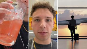 man having a cocktail (l) man shares airport experience (c) man arrives to airport (r)