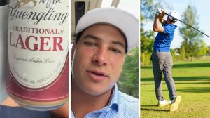 can of beer (l) man shares golfing experience (c) man at golf course (r)