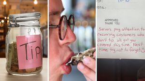 tip jar (l) man eating oysters at restaurant (c) total food bill (r)
