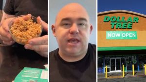 rice bowl (l) man shares Dollar Tree observation (c) Dollar Tree entrance (r)