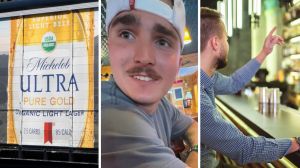 Michelob Ultra beer (l) man shares bar experience (c) man orders beer at bar (r)