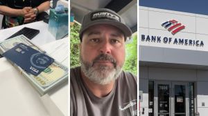 cash at the deposit counter (l) man shares bank issue (c) Bank of America entrance (r)