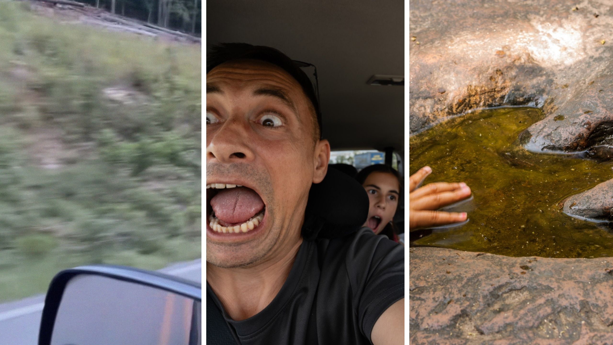driving by woods (l) father and child screaming (c) big foot print (r)