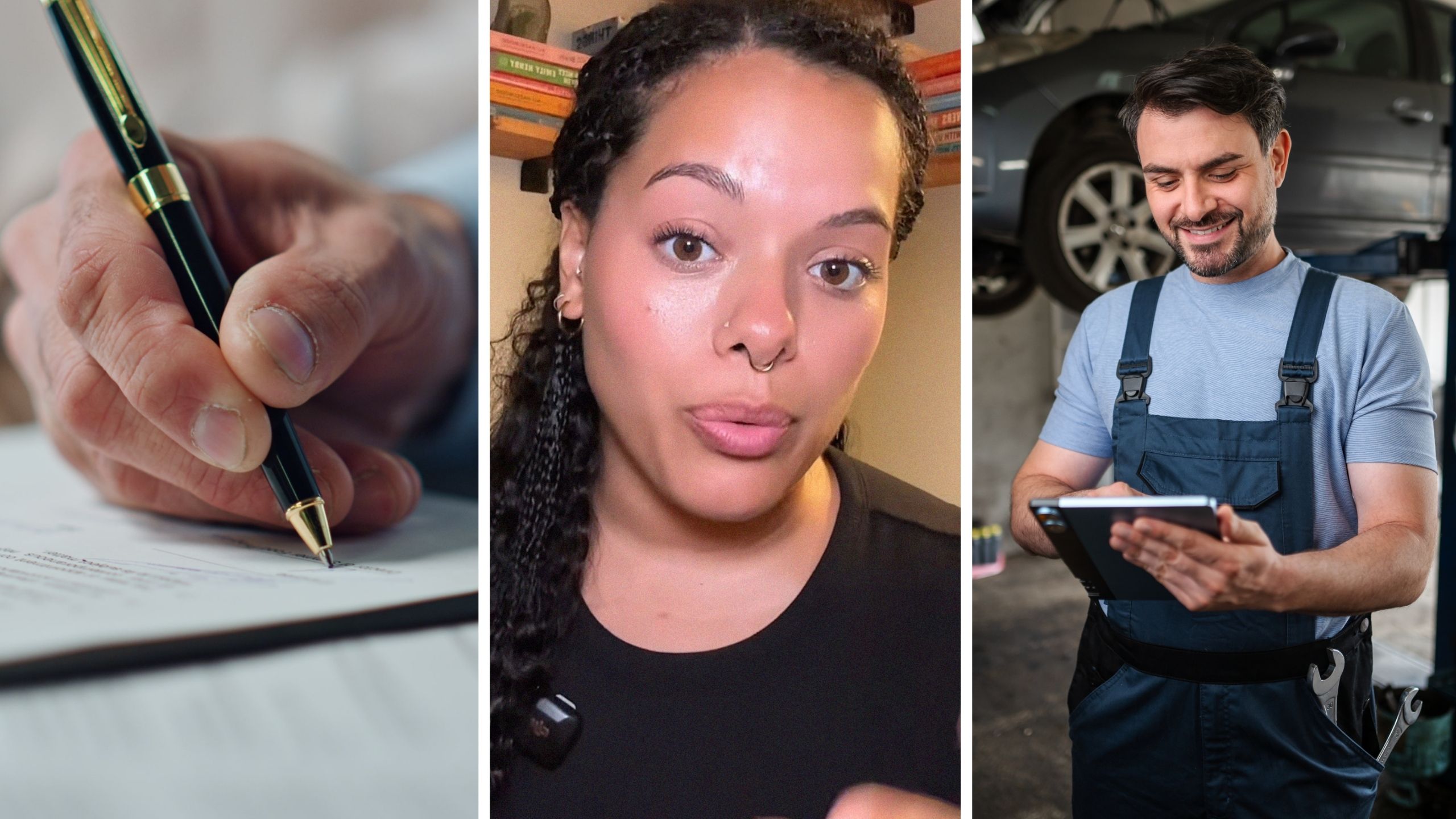 Man Signs Repair Authorization Form (l) woman shares boyfriend car issues (c) mechanic at his garage (r)