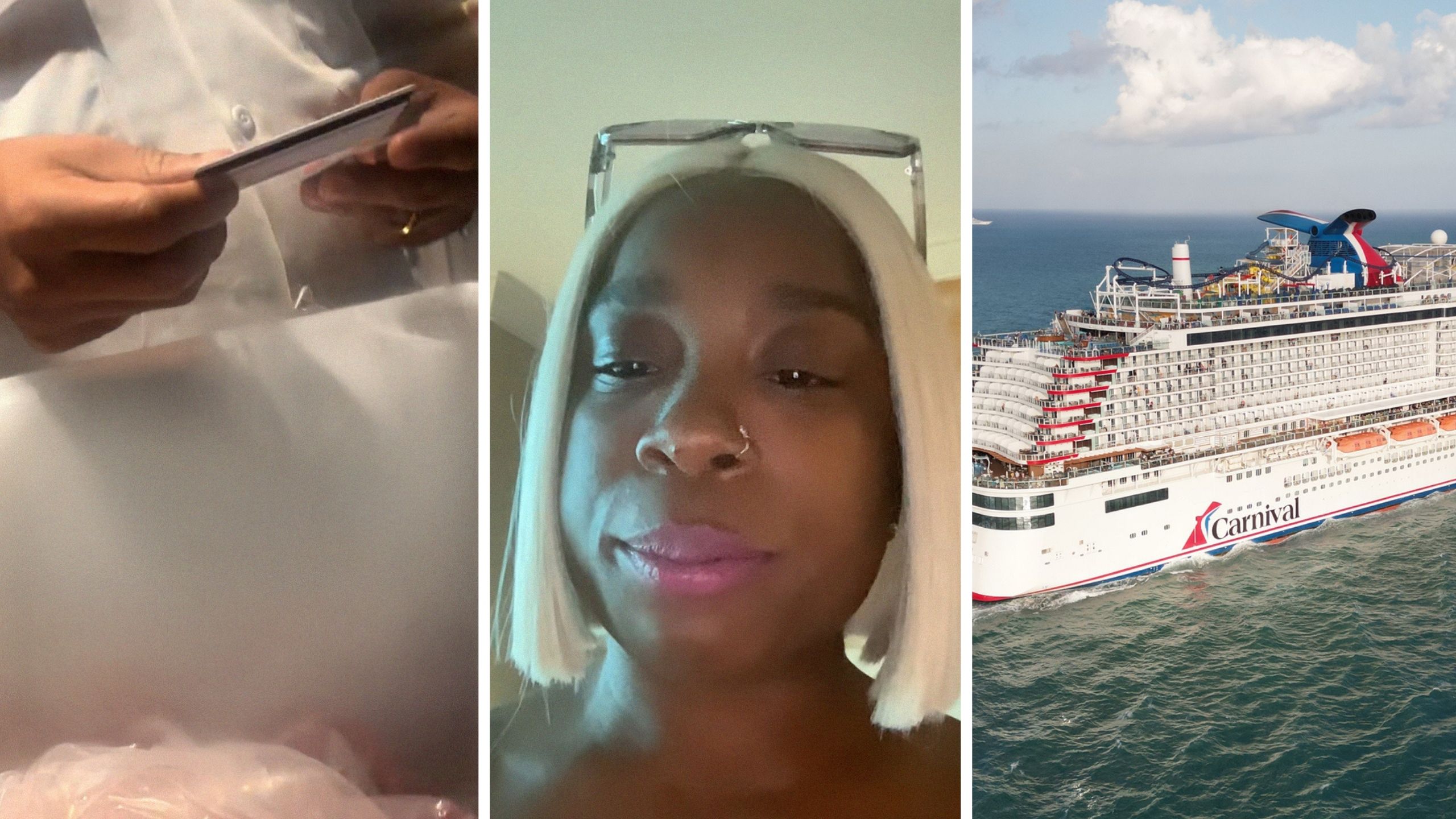 bartender holding ID (l) woman shares carnival cruise experience (c) carnival cruise on the go (r)
