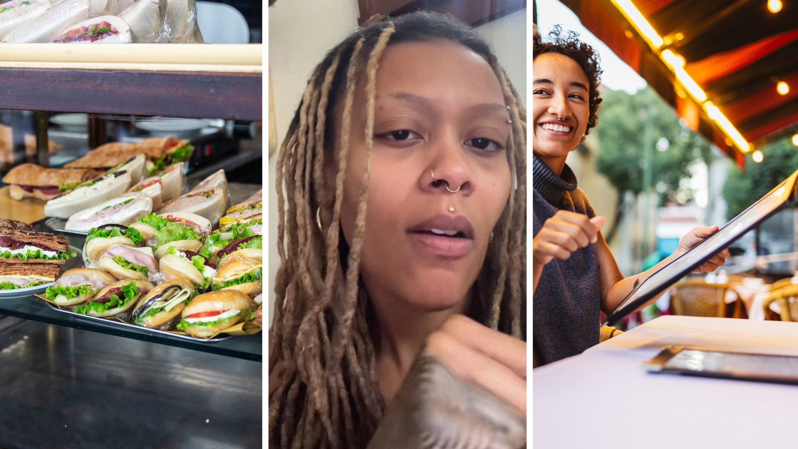 restaurant sandwiches (l) woman shares eating out experience (c) Midwest woman goes to restaurant with friend (r)