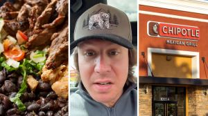 steak bowl (l) man shares chipotle experience (c) Chipotle entrance (r)