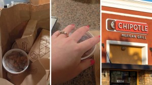 food to-go order (l) woman orders protein cup from chipotle (c) Chipotle entrance (r)