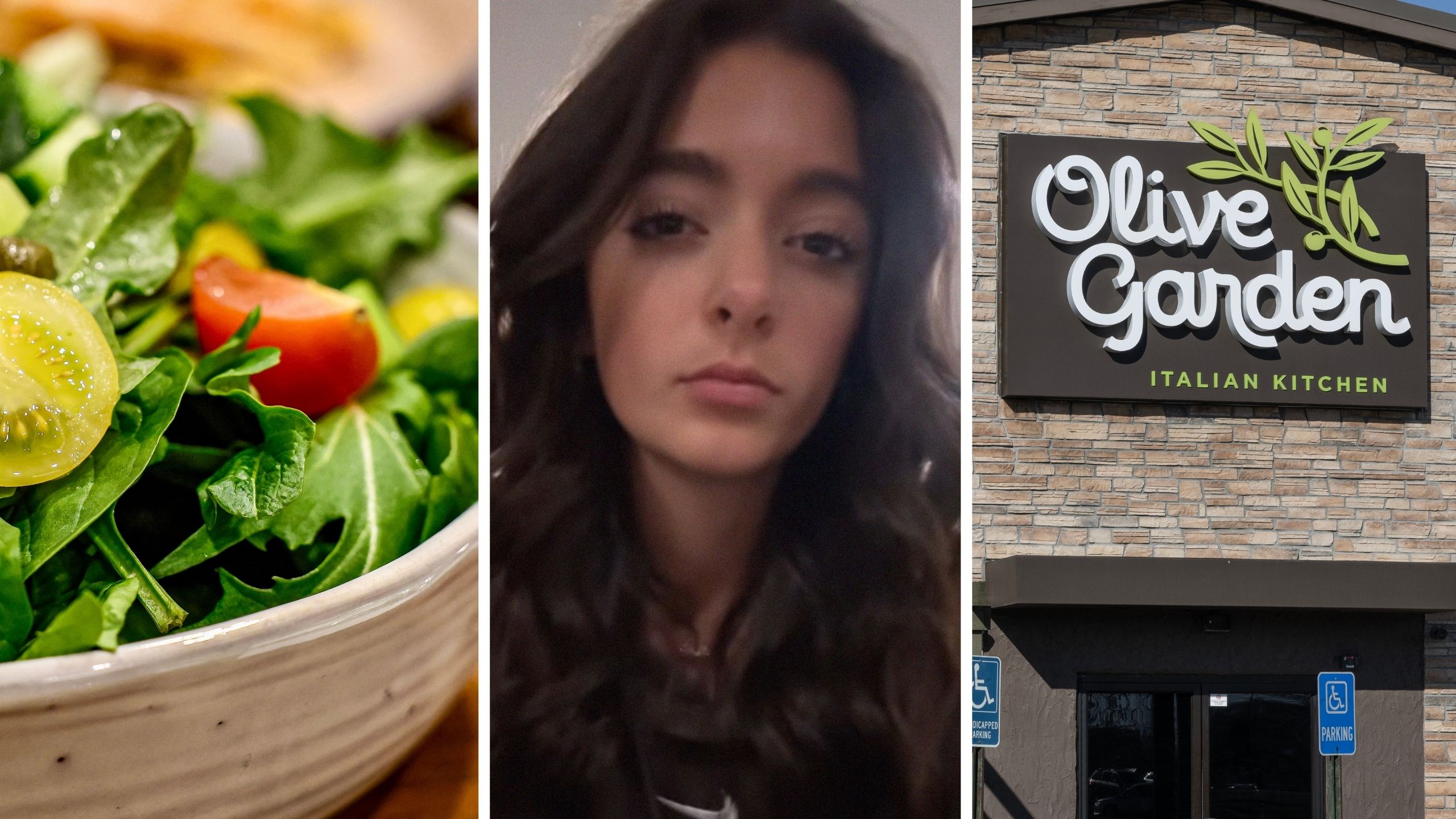bowl of salad (l) woman shares waitress experience at olive garden (c) Olive Garden entrance (r)