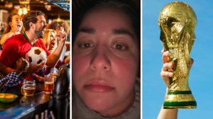 group watching game at a bar (l) bartender shares costumers experience (c) FIFA world cup (r)