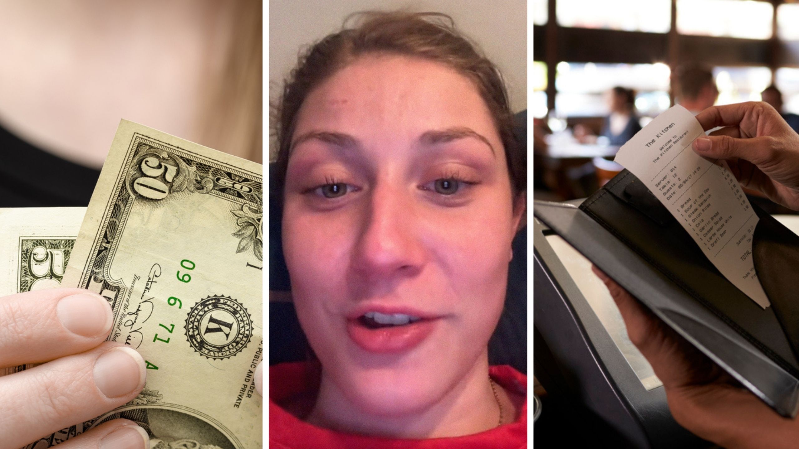 50 dollar bill on hand (l) woman shares chain restaurant experience (c) server with customers bill (r)