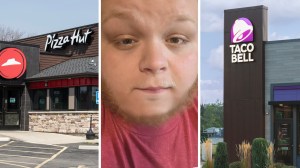 Pizza Hut entrance (l) man warns pizza hut costumers (c) Taco Bell entrance (r)