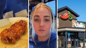 chicken crisper (l) woman shares chili's hack (c) Chili's entrance (r)