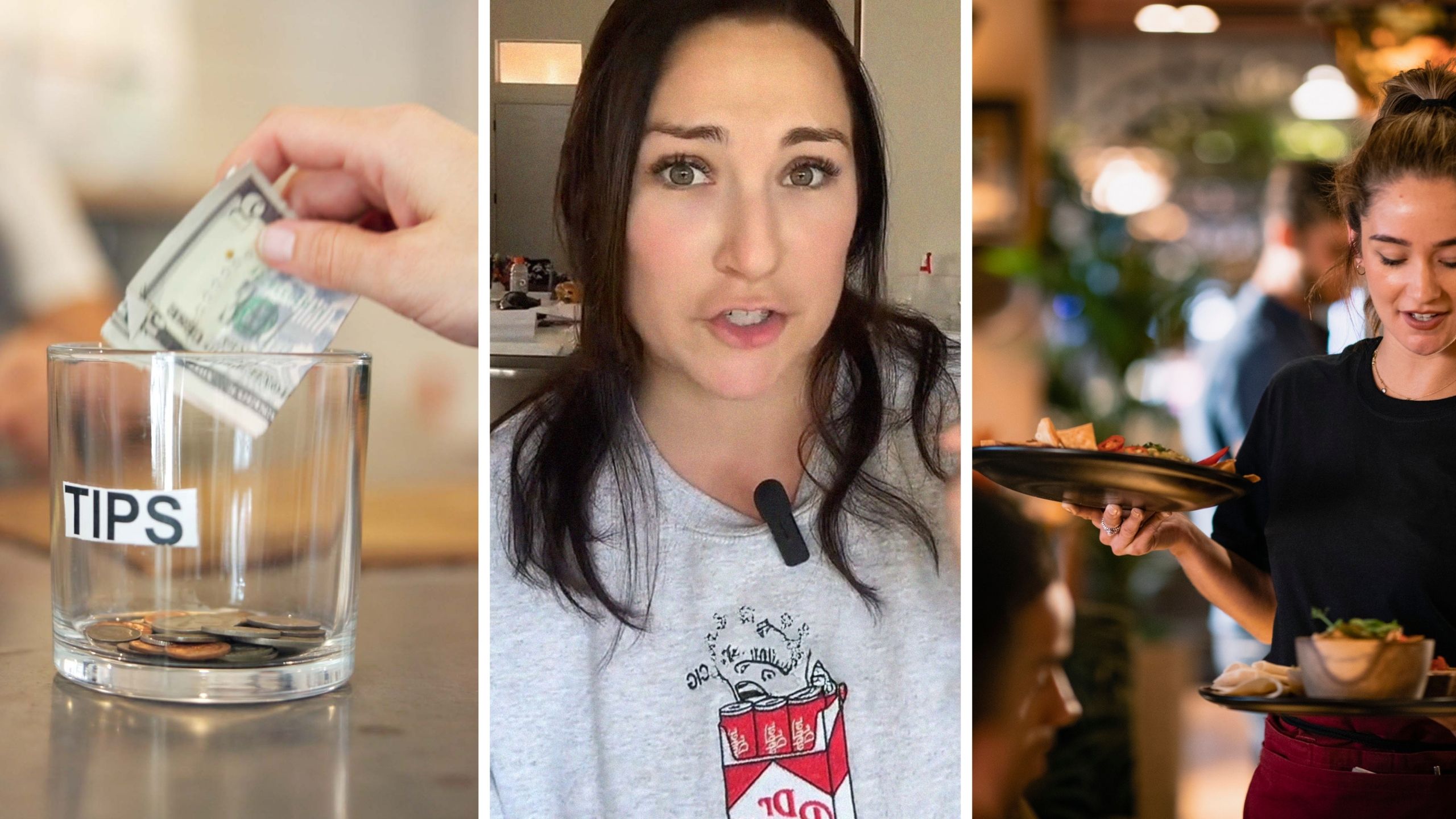 tip jar (l) woman shares how she tricks customers into giving her good tips (c) waitress serving customers (r)