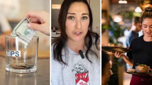 tip jar (l) woman shares how she tricks customers into giving her good tips (c) waitress serving customers (r)
