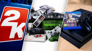 A collage features the 2K Sports logo, several video game consoles and controllers, and a PlayStation 4 console with EA Sports FIFA 14