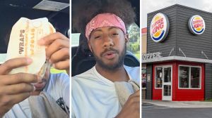 chicken wrap (l) man shares food order issue (c) Burger King fast food (r)