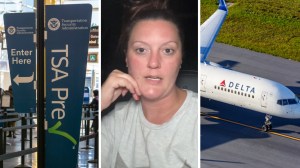 TSA area (l) woman shares her kids traveling experience (c) Delta airlines (r)