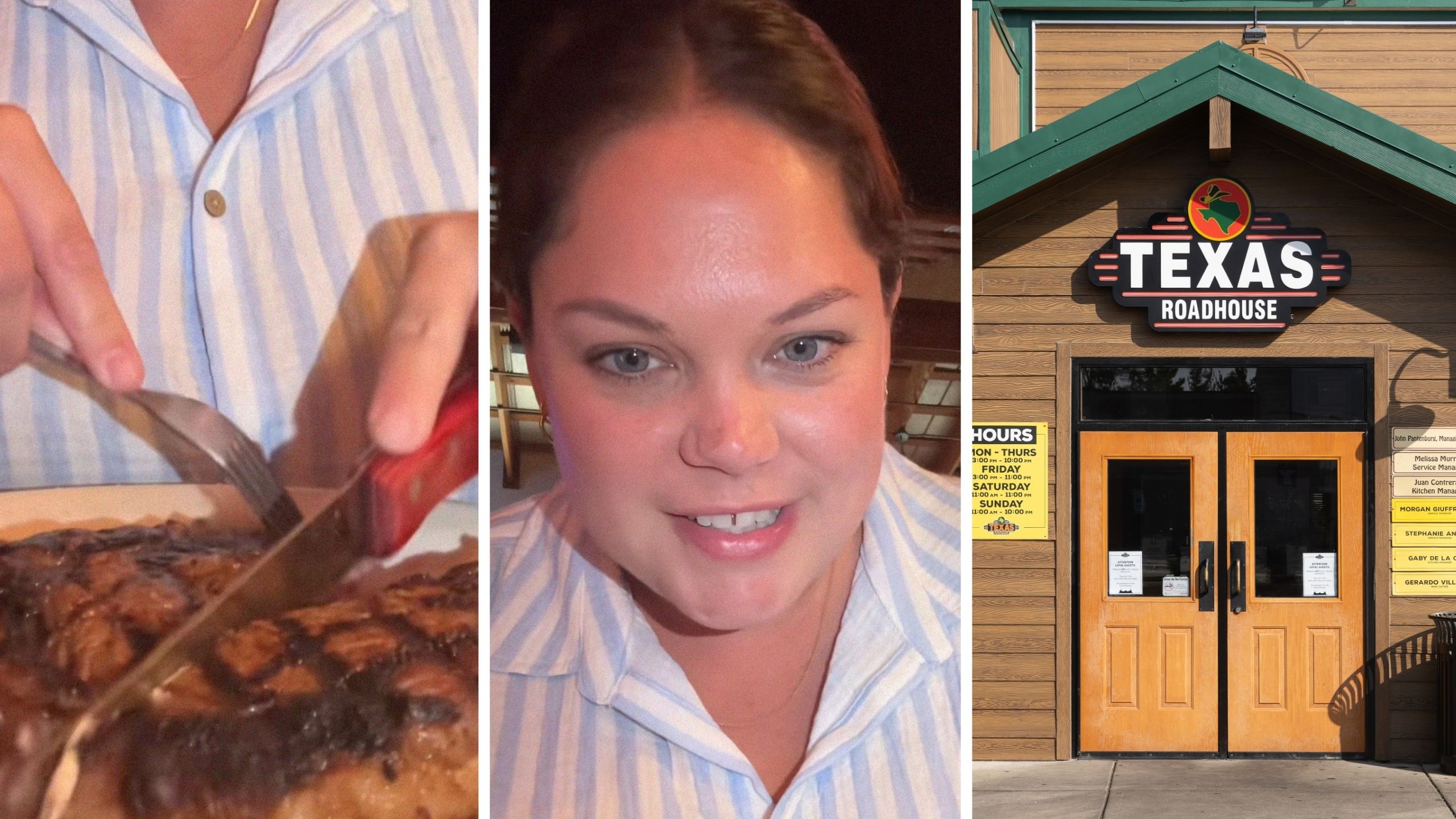 woman cutting into steak (l) woman shares Texas roadhouse experience (c) Texas roadhouse entrance (r)