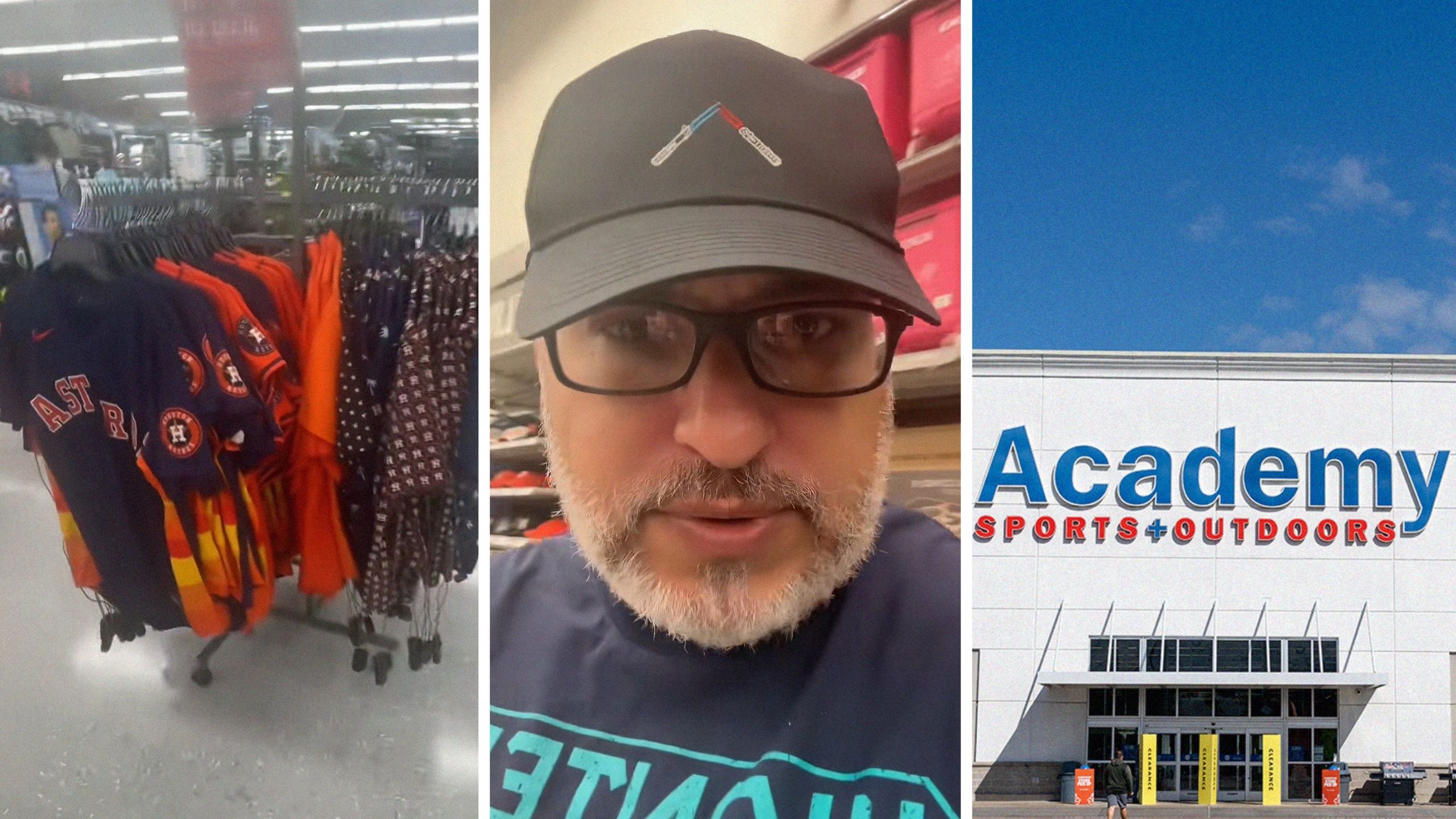 sports jerseys (l) man shares store encounter (c) Academy storefront (r)