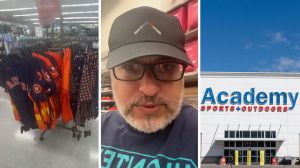 sports jerseys (l) man shares store encounter (c) Academy storefront (r)