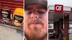 bottles of ranch (l) man shares QT observation (c) QuikTrip gas station (r)