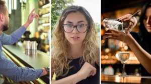 man ordering drink (l) bartender reveals her red flag drinks (c) bartender pouring drink (r)