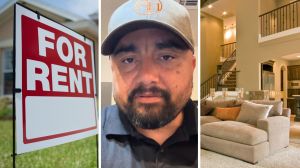 for rent sign (l) man shares house rental issue (c) beautiful large home interior (r)