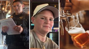 police officer taking tests (l) woman shares Brewery encounter (c) draft beer at brewery (r)