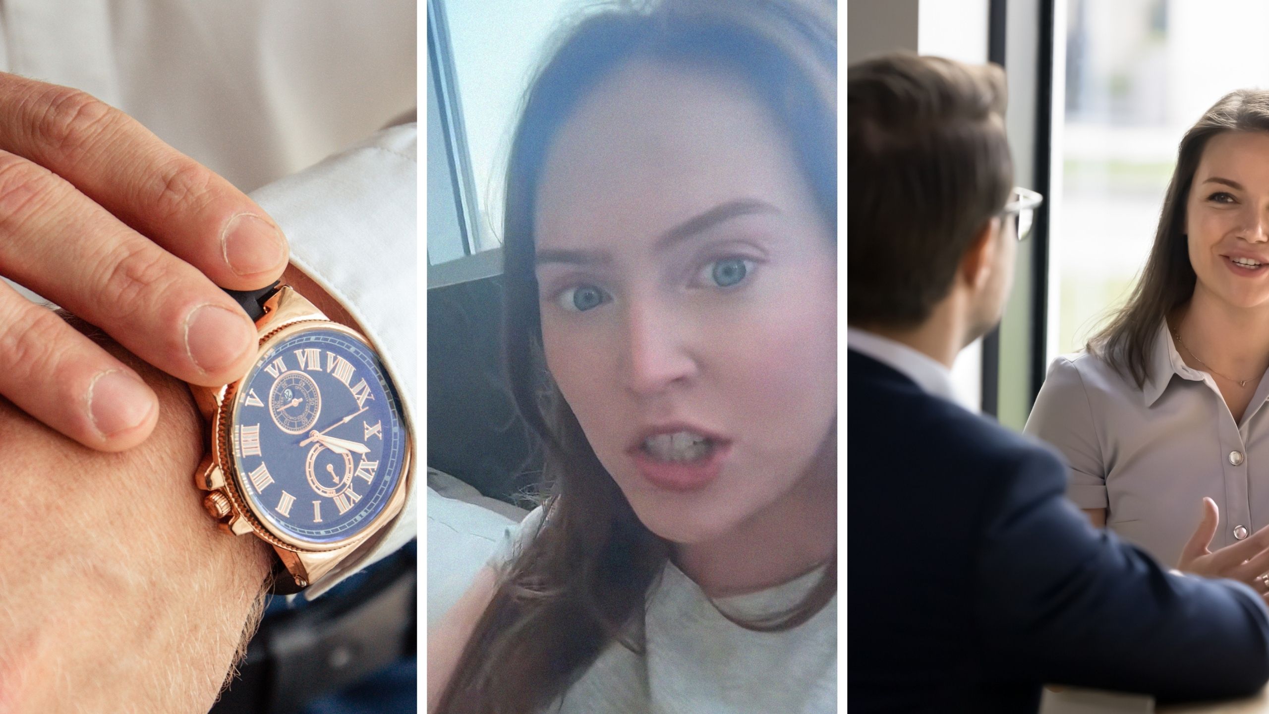 watch on the wrist (l) woman shares men study (c) woman asking man for the time of day (r)