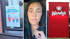 free frosty sign (l) woman shares wendy's experience (c) Wendy's entrance (r)