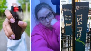 pepper spray (l) woman shares airport experience (c) TSA entrance (r)