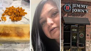 sandwich and chips (l) woman shares food order (c) Jimmy John's entrance (r)