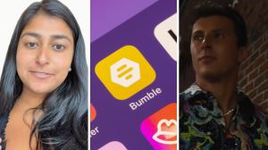 woman shares dating app experience (l) Bumble dating app (c) New York Giants quarterback Tommy Devito (r)