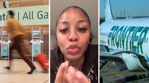 woman running at airport (l) woman shares Frontier experience (c) Frontier airlines (r)