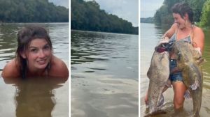 woman shares fishing trip experience (l) large bed of water (c) woman with two large fishes (r)