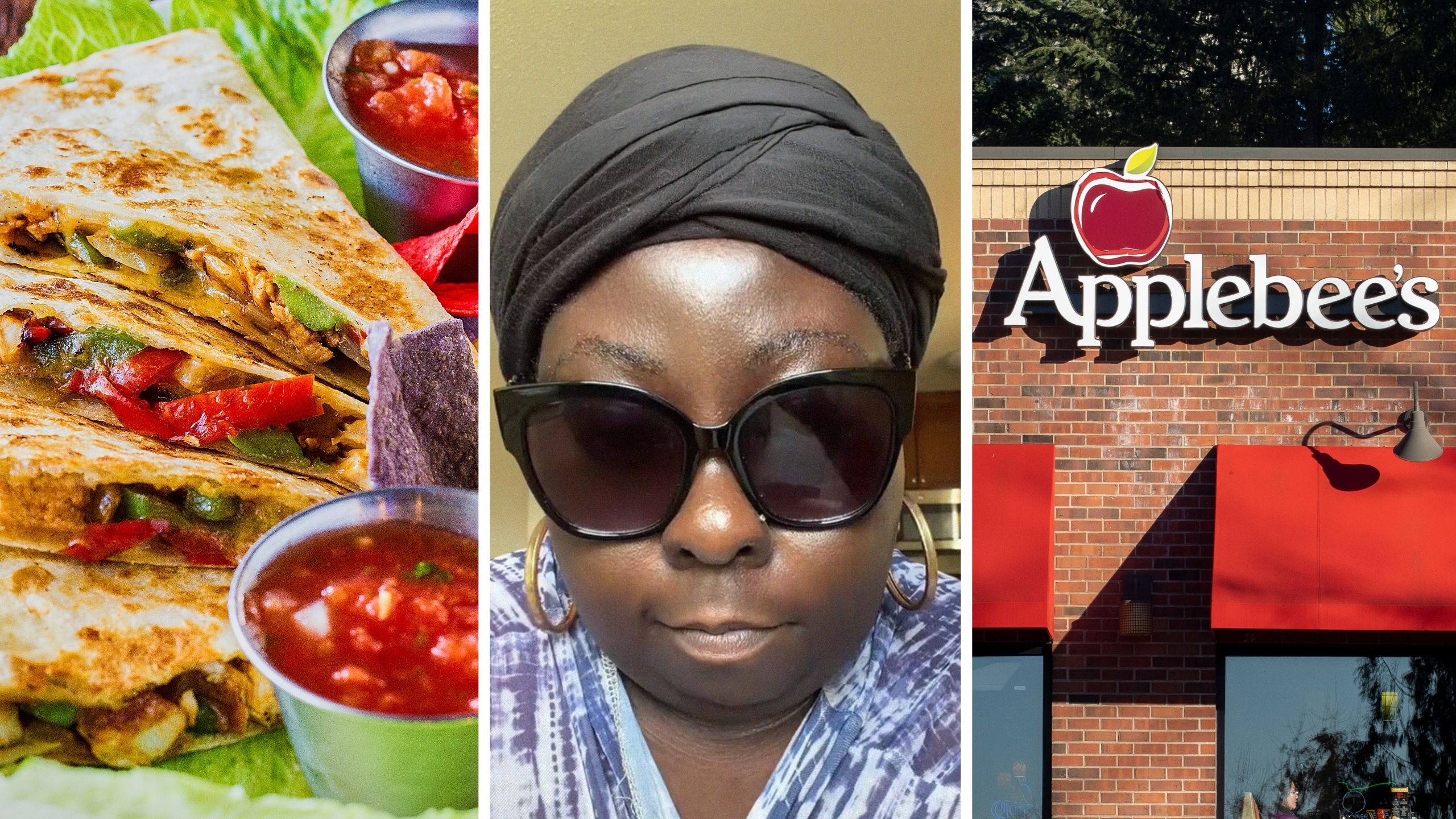 cheesy quesadillas (l) woman shares Applebee's experience (c) Applebee's entrance (r)