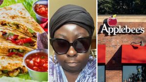cheesy quesadillas (l) woman shares Applebee's experience (c) Applebee's entrance (r)