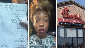food receipt (l) woman shares Chick-fil-A observation (c) Chick-fil-a entrance (r)