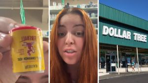 seasoning pouch (l) woman shares shopping encounter (c) Dollar Tree storefront (r)