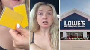 paint samples (l) woman shares Lowe's experience (c) Lowe's storefront (r)